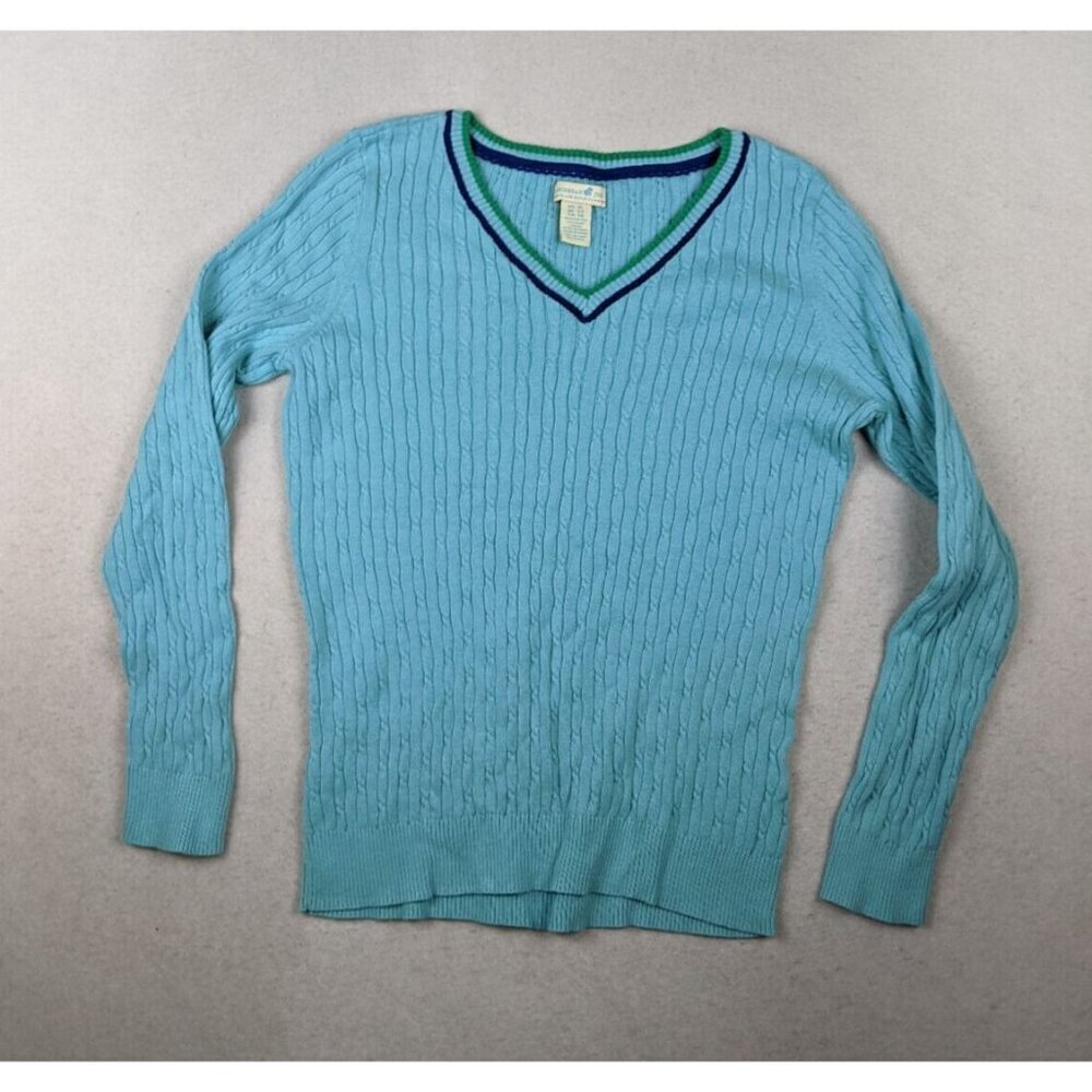 Caribbean Joe Light Blue Cable-Knit V-Neck Sweater with Navy & Green Trim